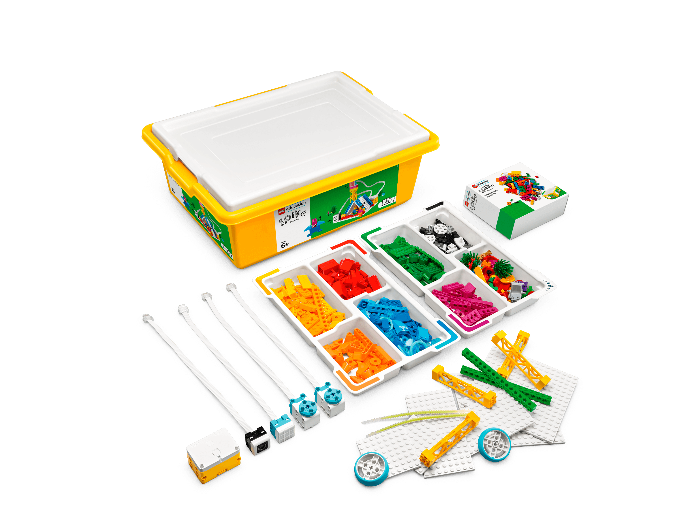 LEGO® Education SPIKE Essential Bundle and a FREE LEGO® Education BricQ Motion Essential Set with colorful components.