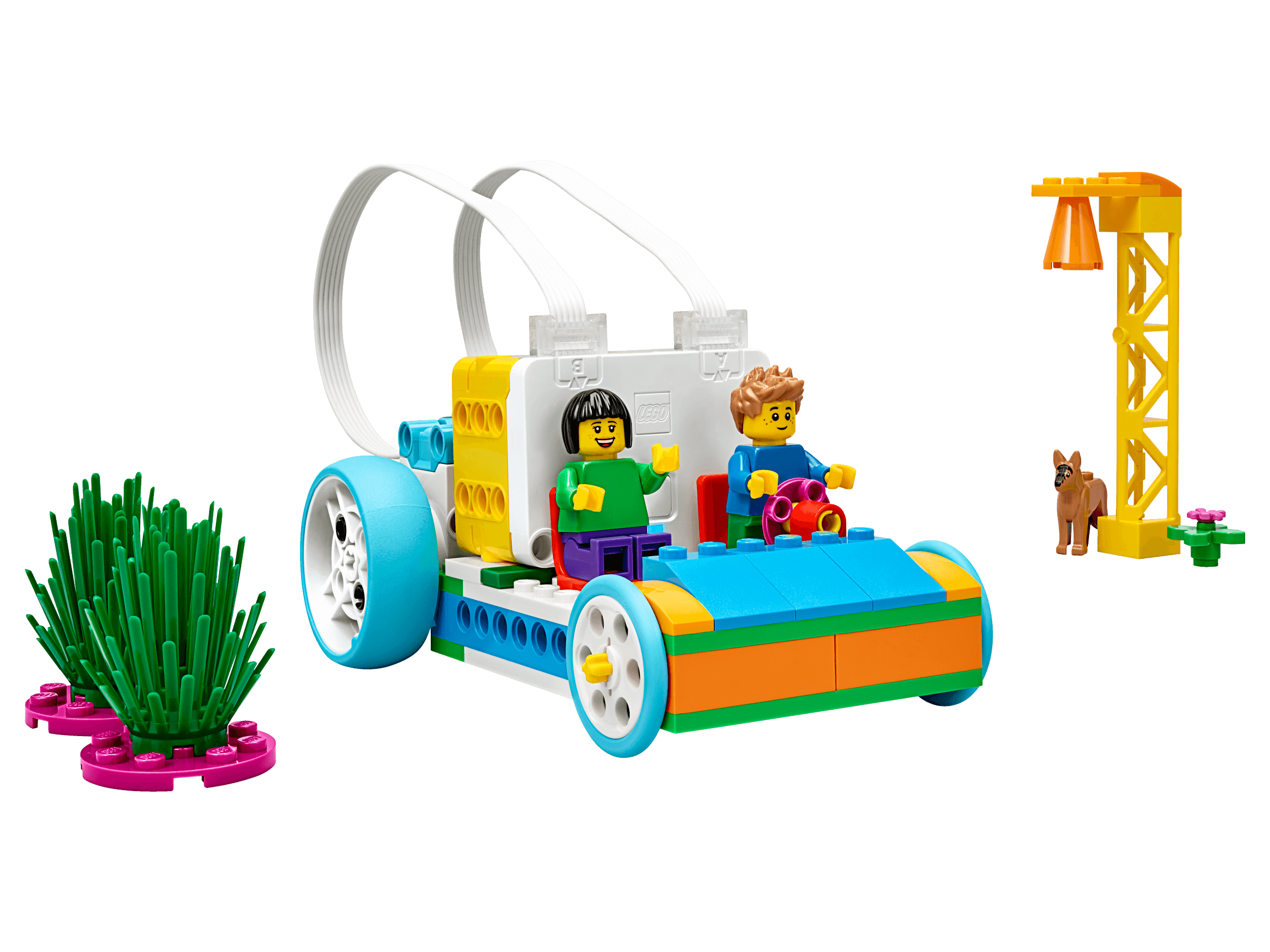 LEGO Education SPIKE Essential Set featuring kids in a colorful vehicle with accessories for hands-on STEAM learning.