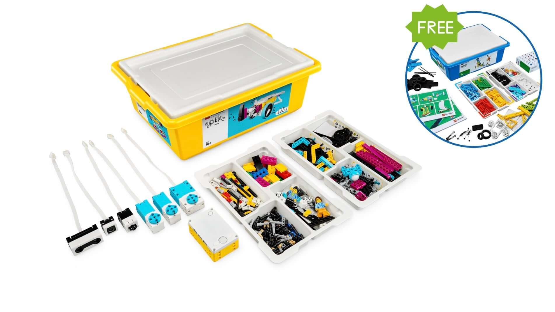 LEGO® Education SPIKE PRIME Bundle and a FREE LEGO® Education BricQ Motion PRIME Set components displayed in a container.