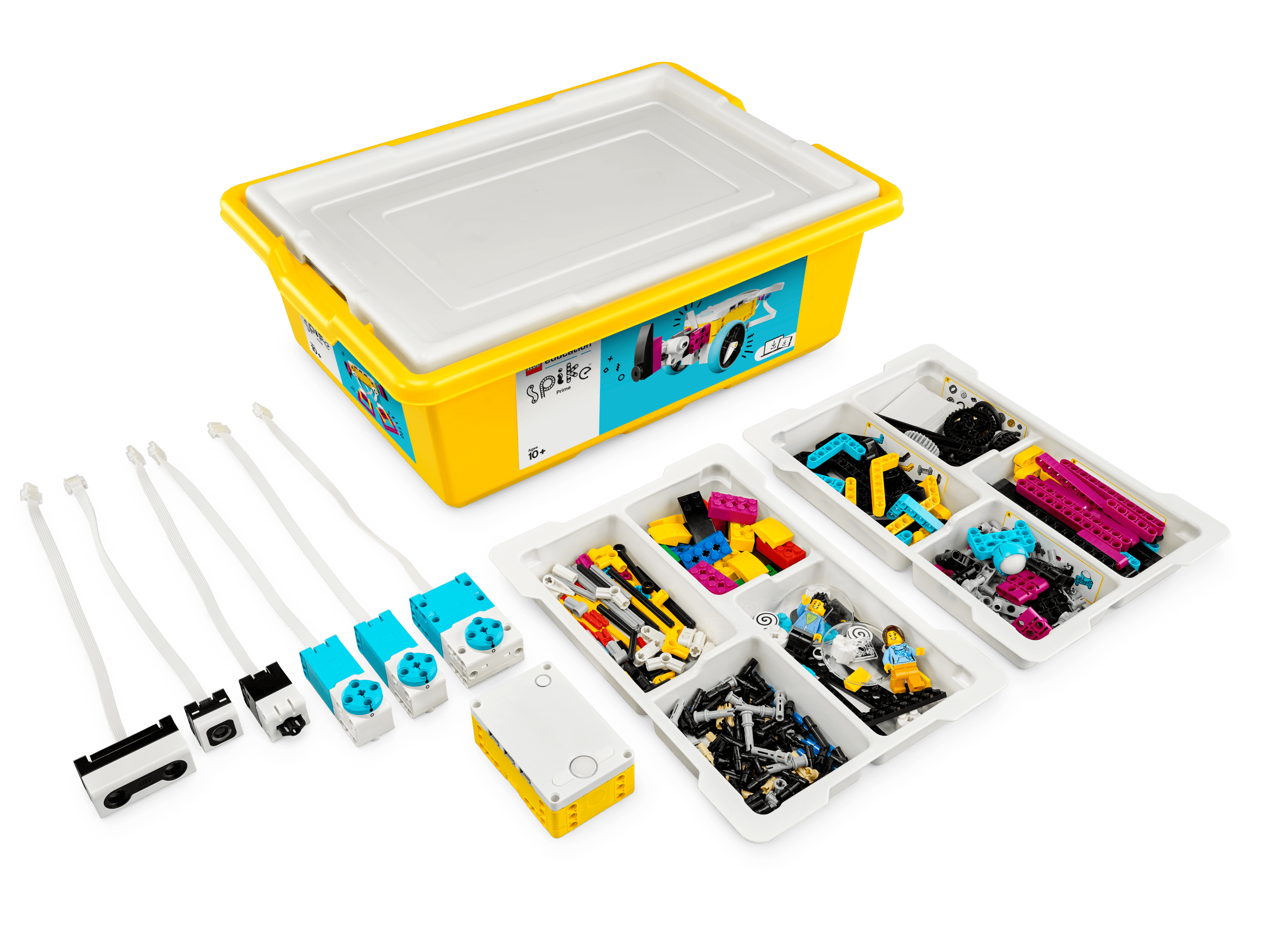 LEGO® Education SPIKE PRIME Bundle and a FREE LEGO® Education BricQ Motion PRIME Set components in yellow storage box.