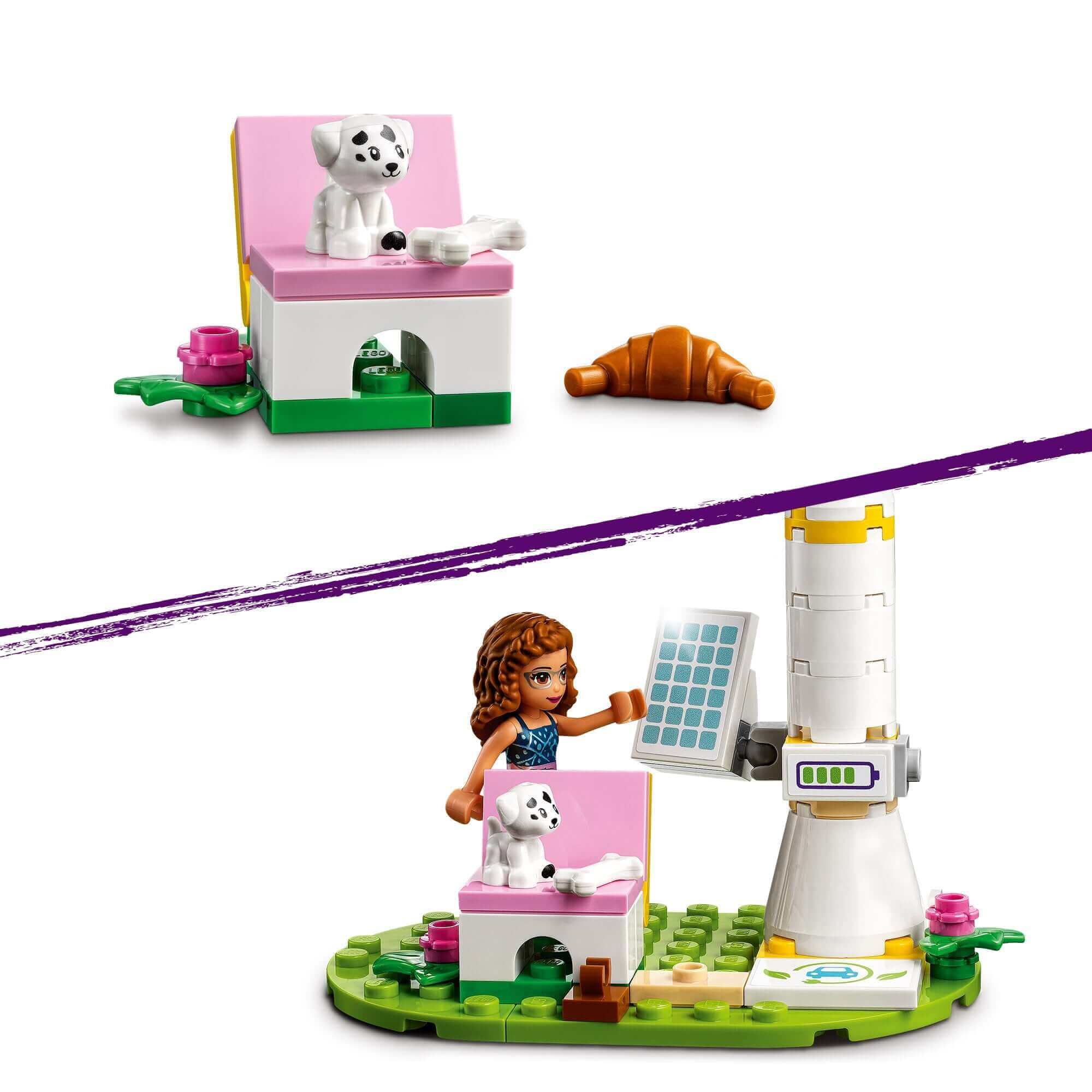 LEGO Friends Olivia's Electric Car Toy 41443 set with dog, charging station, and green energy theme.