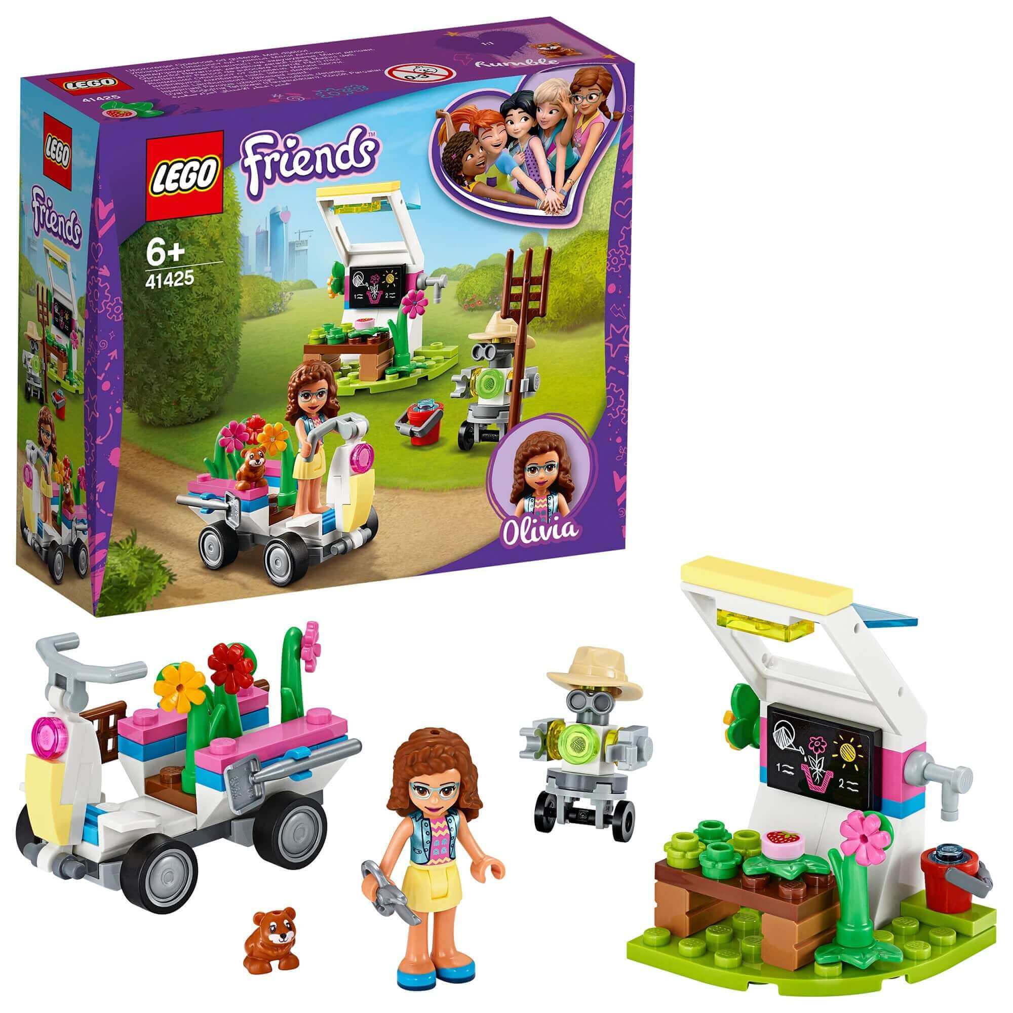 LEGO® Friends Olivia's Flower Garden Play Set 41425 featuring a greenhouse, vehicle, and accessories for botanical fun.