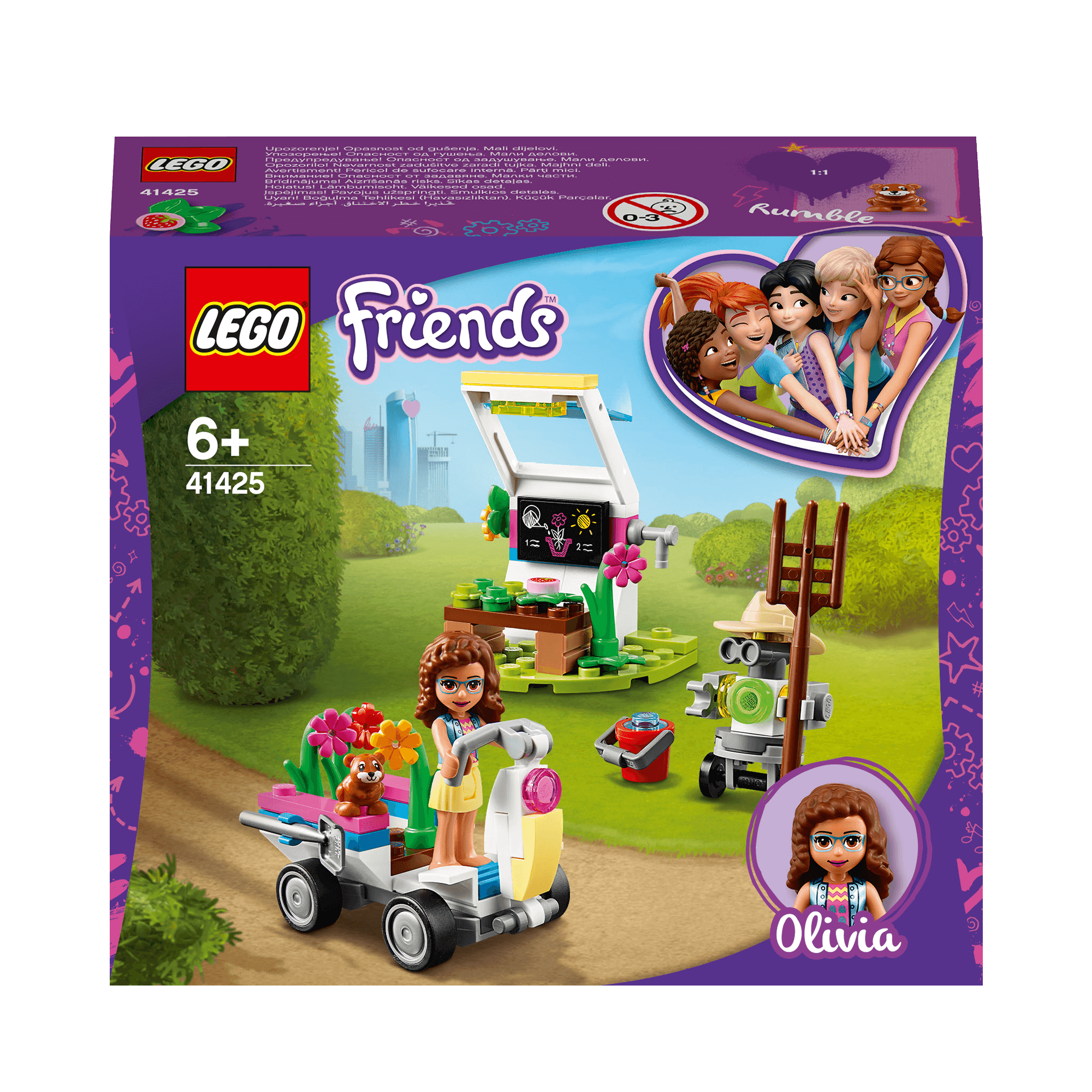 LEGO Friends Olivia's Flower Garden play set 41425 featuring a greenhouse, vehicle, and fun accessories for kids.