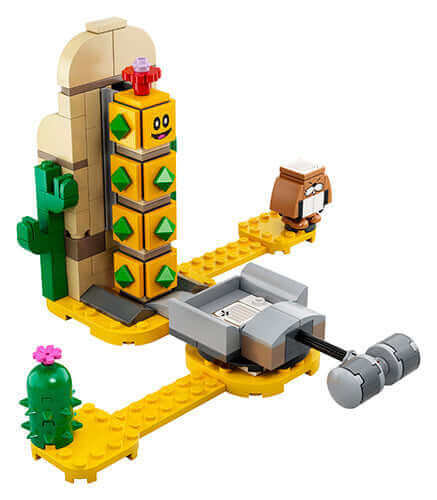 LEGO Super Mario Desert Pokey Expansion Set 71363 with hammer, Pokey, and Monty Mole figures on a colorful build.