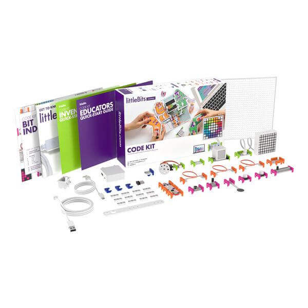 littleBits Code Kit including components, accessories, and educator guides for teaching coding and electronics.