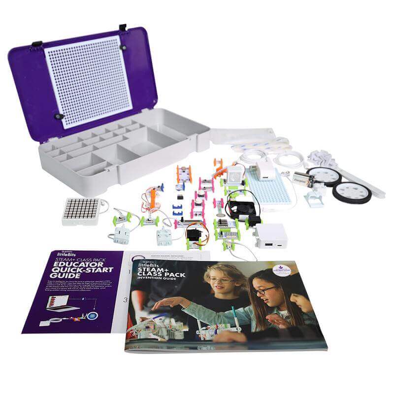 littleBits STEAM+ Coding Kit unboxed, featuring electronic components, quick start guide, and invention manual for students.