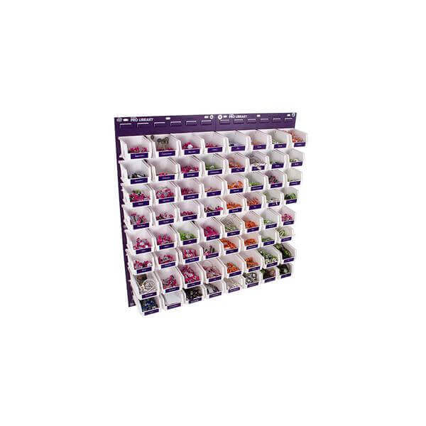 littleBits wall storage with purple metal panels and multiple bins for organized storage of Bits.