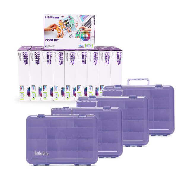littleBits Code Kit Classroom Bundle featuring kits and storage cases for engaging coding activities.
