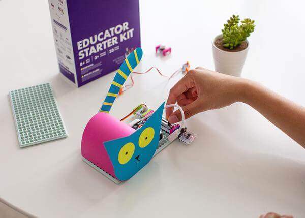 Hands-on learning with the littleBits Educator Starter Kit creating a playful cat circuit model.