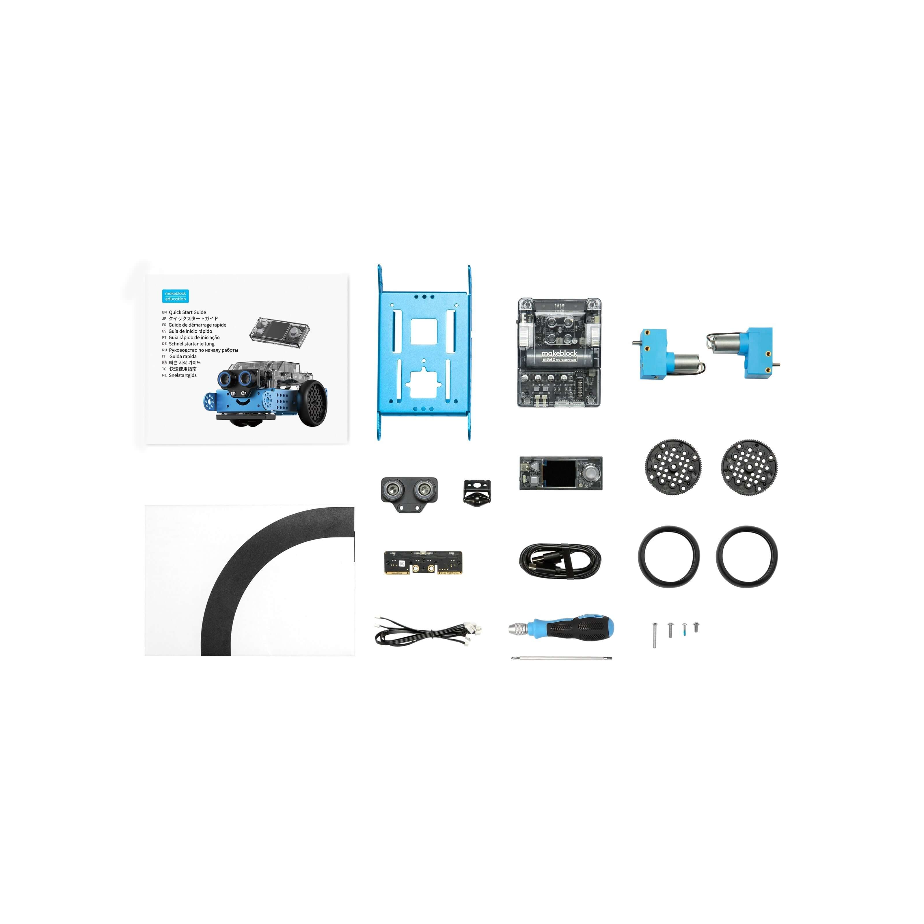 Makeblock mBot 2 with Bluetooth Dongle parts and components layout for educational robotics.