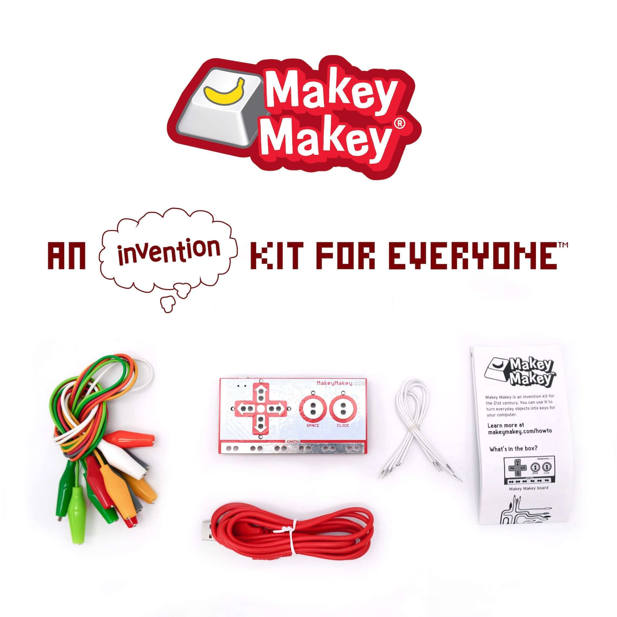 Makey Makey STEM Pack with colorful alligator clips, main board, and instruction manual for creative learning.