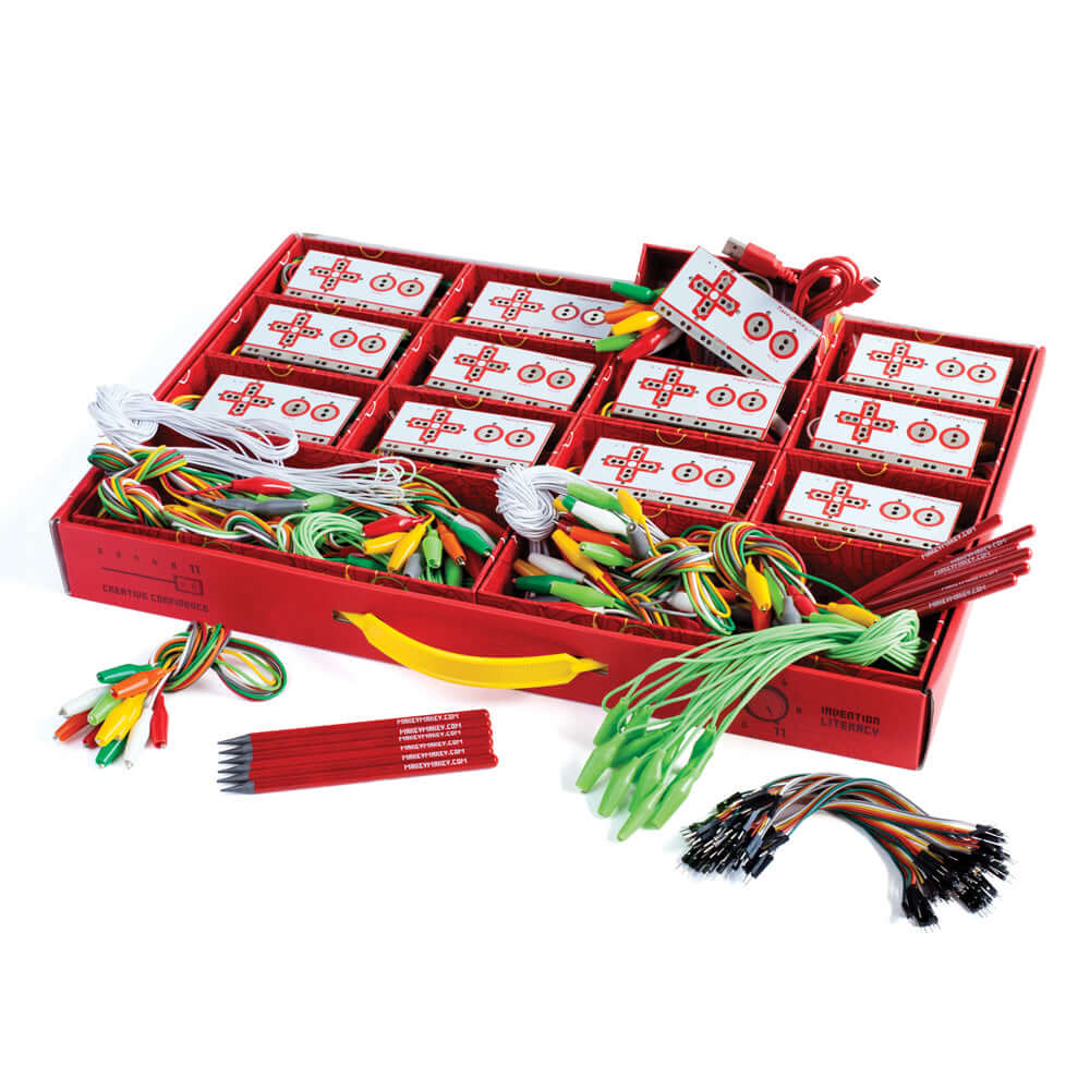 Makey Makey STEM Pack with colorful wires and circuit boards for classroom invention and hands-on learning.