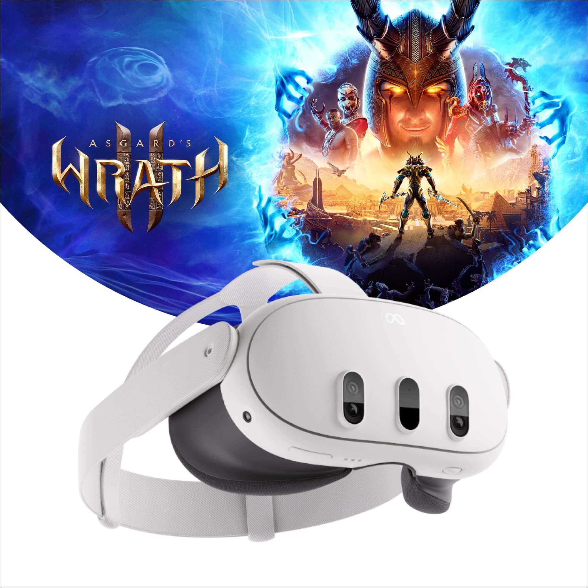 Meta Oculus Quest 3 headset with game Asgard's Wrath backdrop, offering immersive mixed reality experiences.