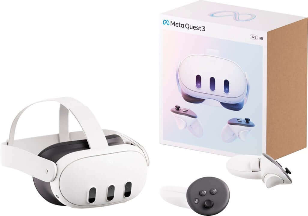 Meta Quest 3 128GB mixed reality headset with controllers, offering immersive virtual experiences.