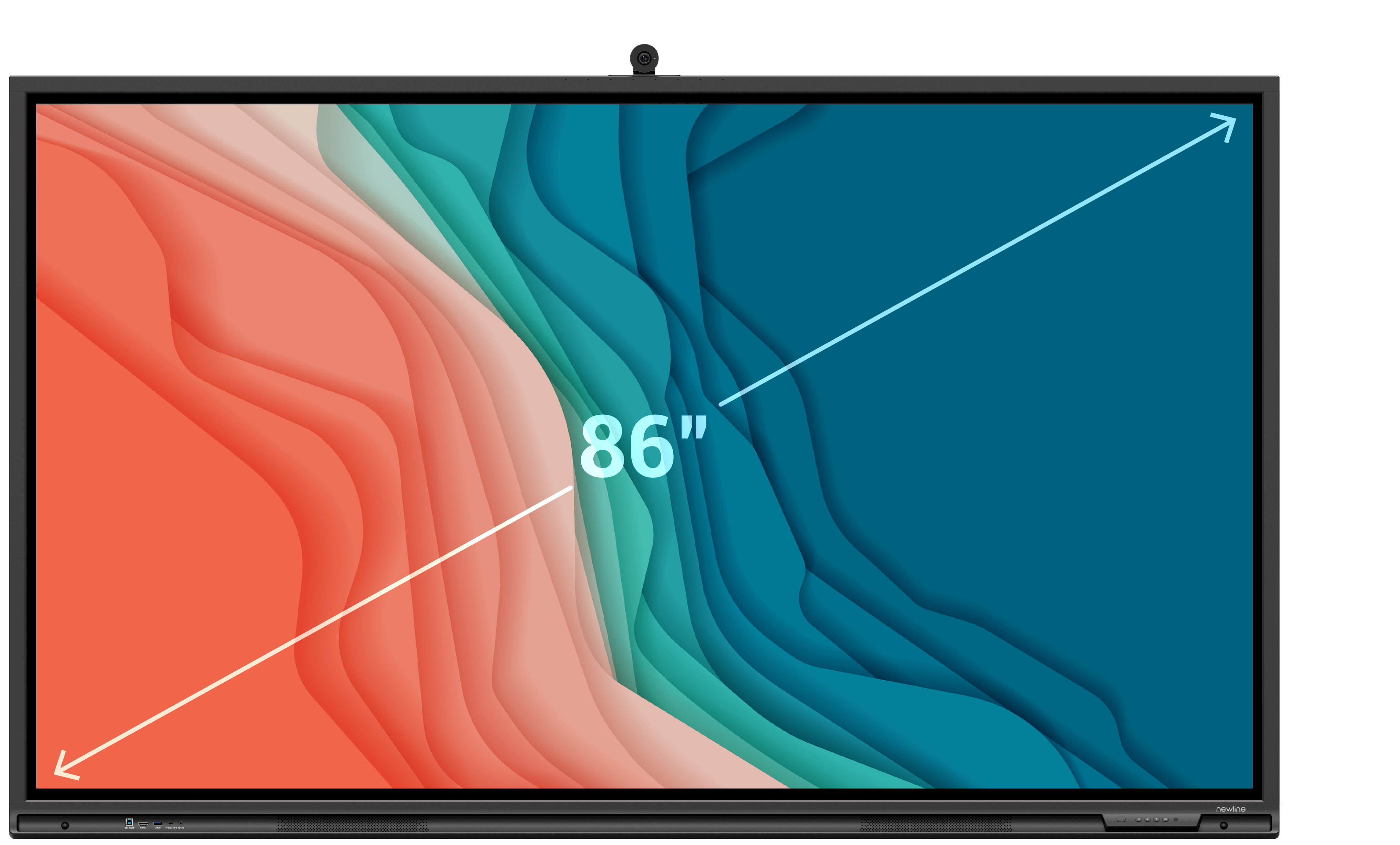 Newline Elara 86" 4K interactive touchscreen with vibrant display and built-in 4K camera for video conferencing.
