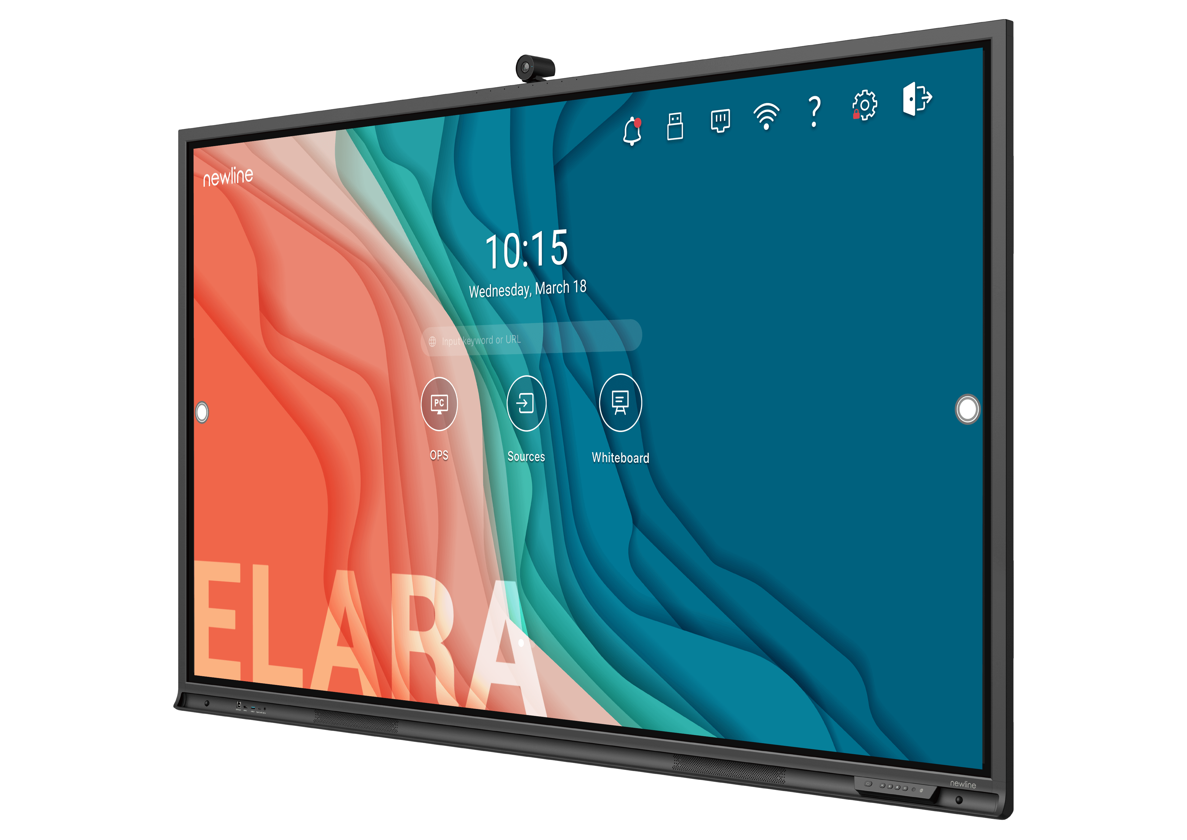 Newline Elara 86" 4K interactive touchscreen with built-in camera and mic array, ideal for video conferencing.
