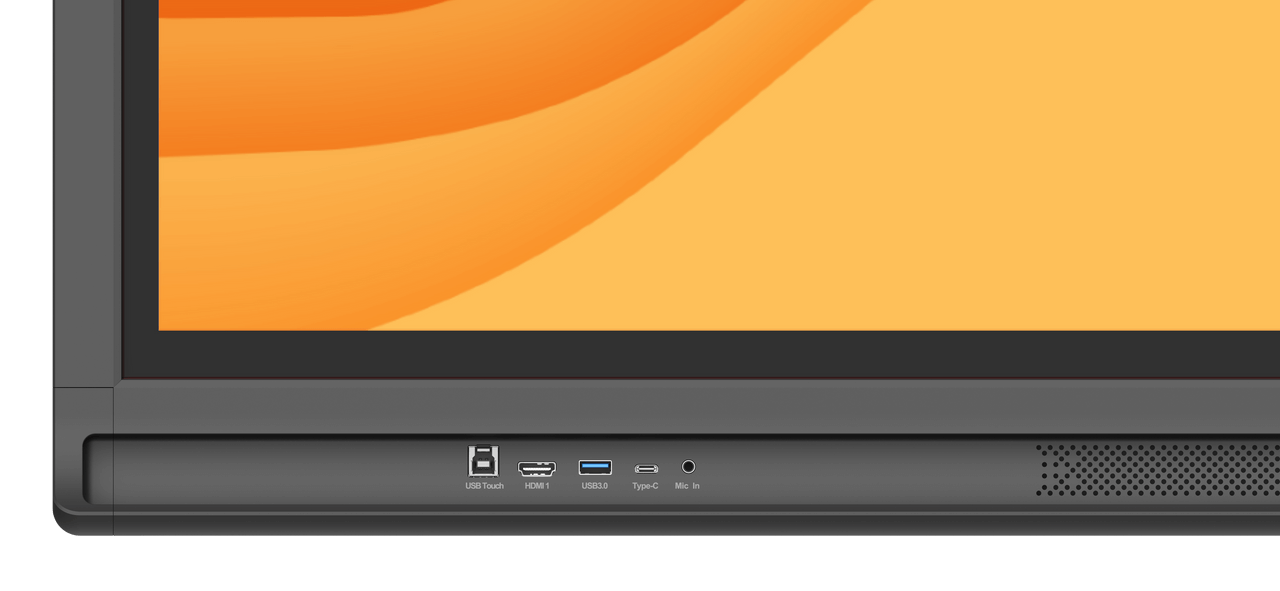 Close-up of Newline Lyra 75" Touch Screen ports including USB, HDMI, and Type-C for enhanced connectivity.