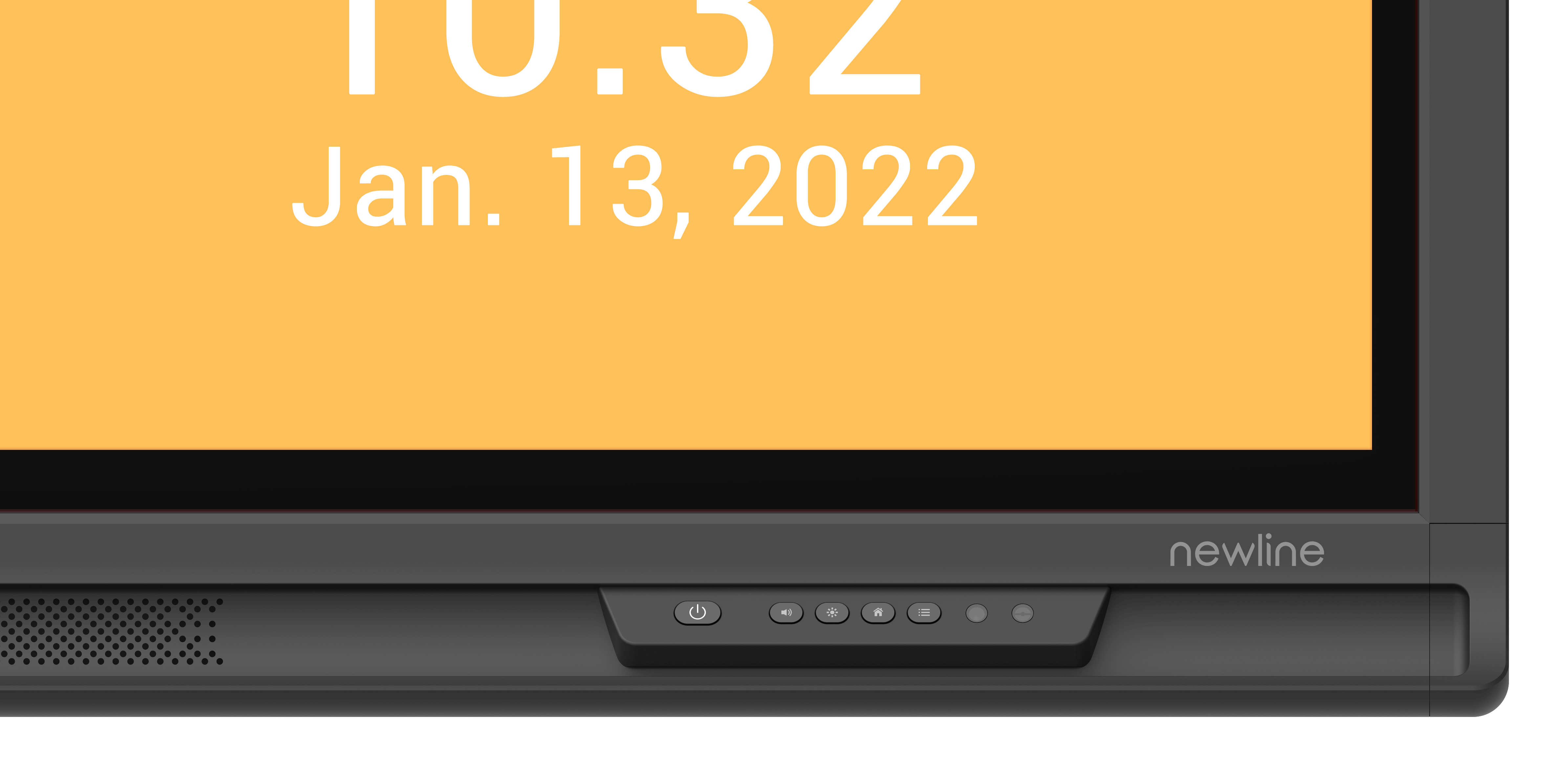 Close-up of Newline Lyra 75" Touch Screen displaying time and date for educational use.