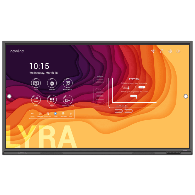 Newline Lyra 86" touch screen display showcasing 4K UHD resolution and education-focused interface.