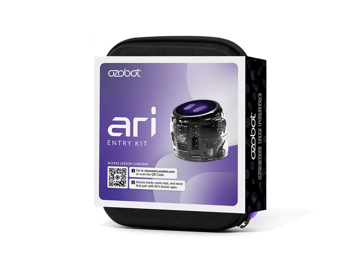 Ozobot Ari Entry Kit and FREE Ozogoes Around a Sundial Activity Set packaging showcasing educational robot.