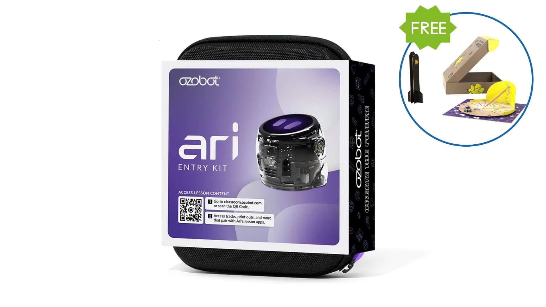 Ozobot Ari Entry Kit and FREE Ozogoes Around a Sundial Activity Set packaging with included accessories.