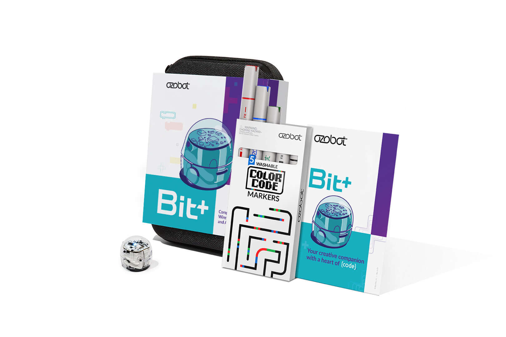 Ozobot Bit+ Entry Kit with coding activity books and color code markers for creative learning.