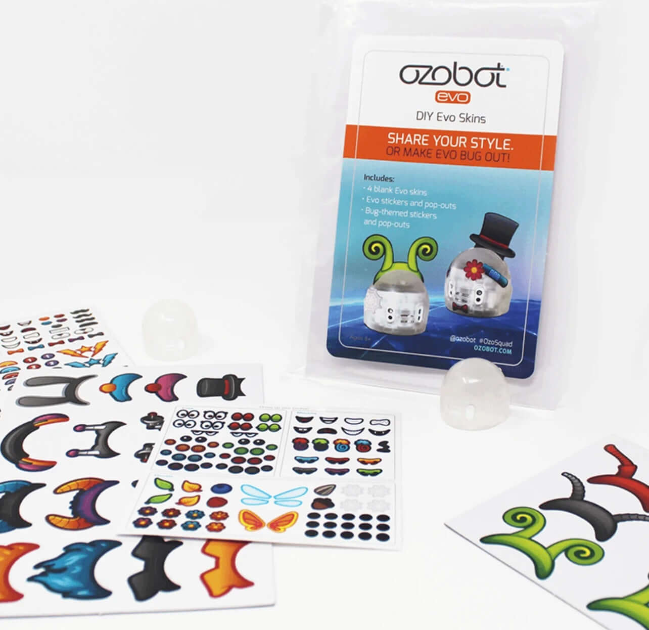 Ozobot Evo and FREE Evo DIY Skins Pack with colorful designs and customization options.