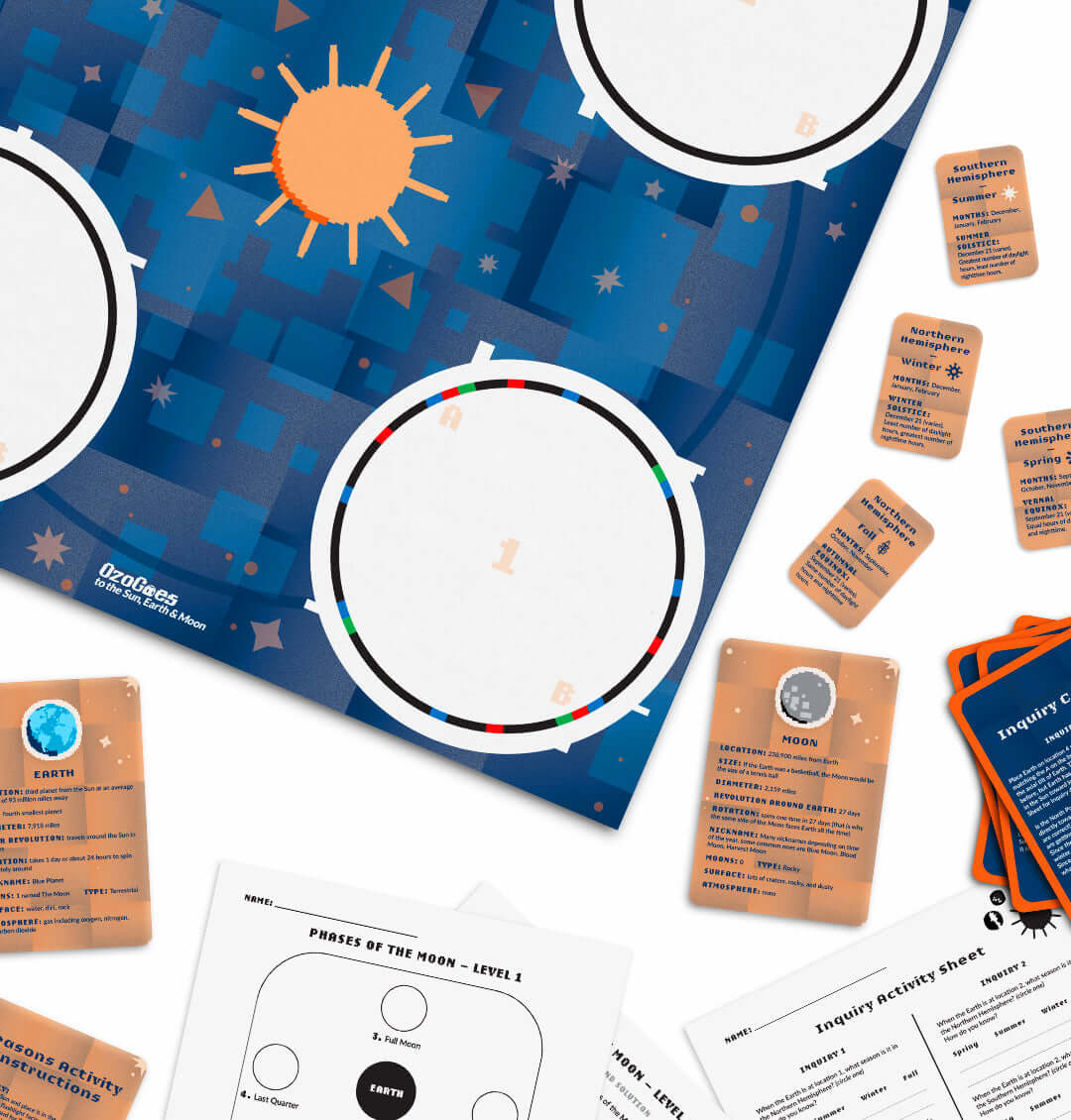 OzoGoes STEAM kit layout featuring the sun, Earth, Moon, and educational activity cards on a colorful space-themed background.