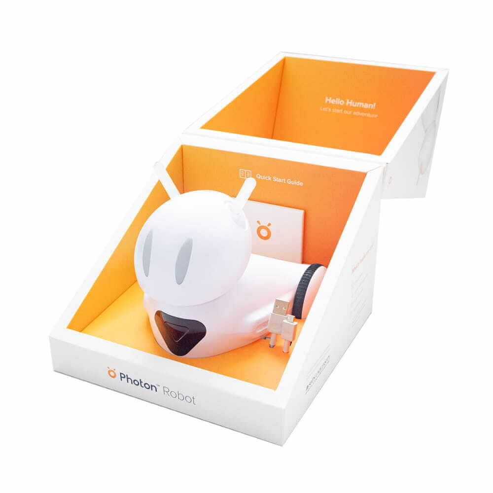 Photon Robot EDU in its box with a quick start guide, designed for interdisciplinary learning and coding.