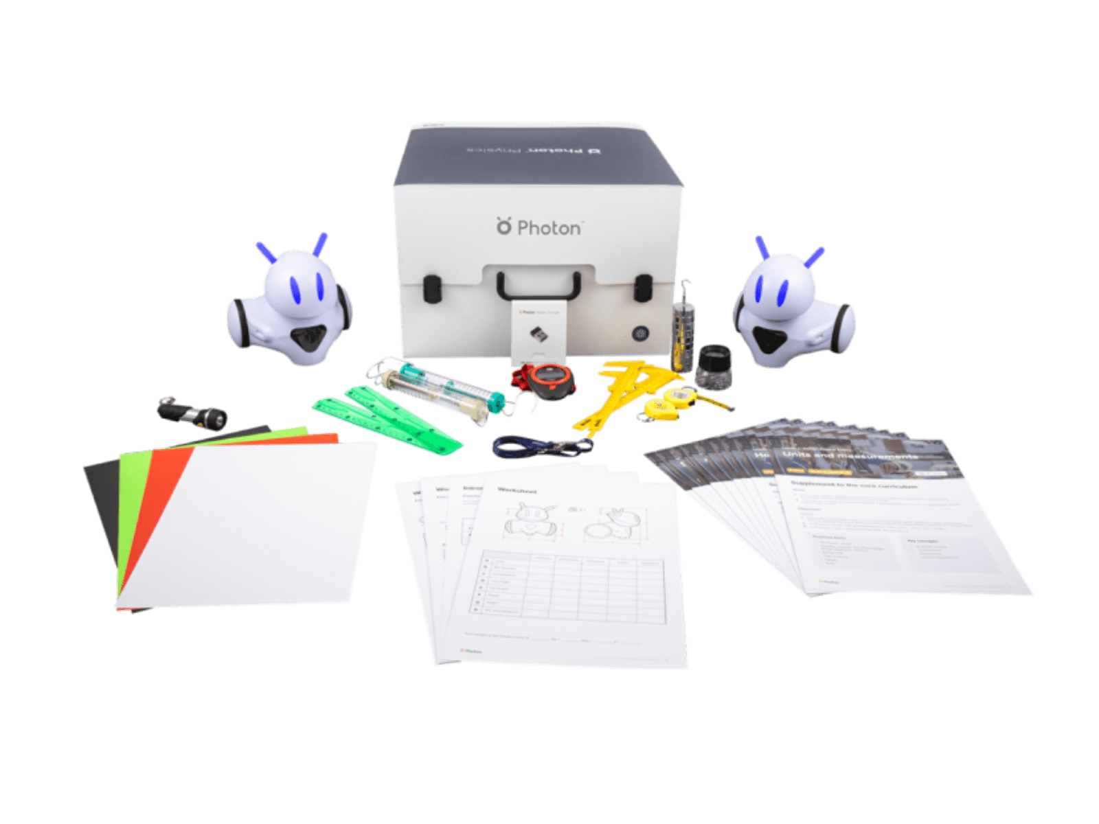 Photon Teaching Kit with robots and materials for engaging physics lessons on motion, force, and energy.