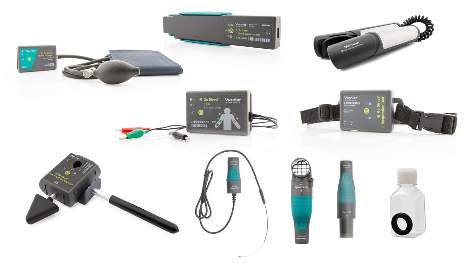Physiology Go Direct® Standard Package including 9 sensors and accessories for educational and laboratory use.