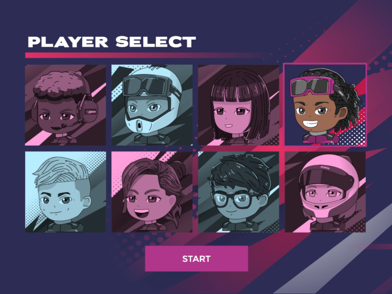 Colorful player select screen displaying diverse animated characters for a racing game.