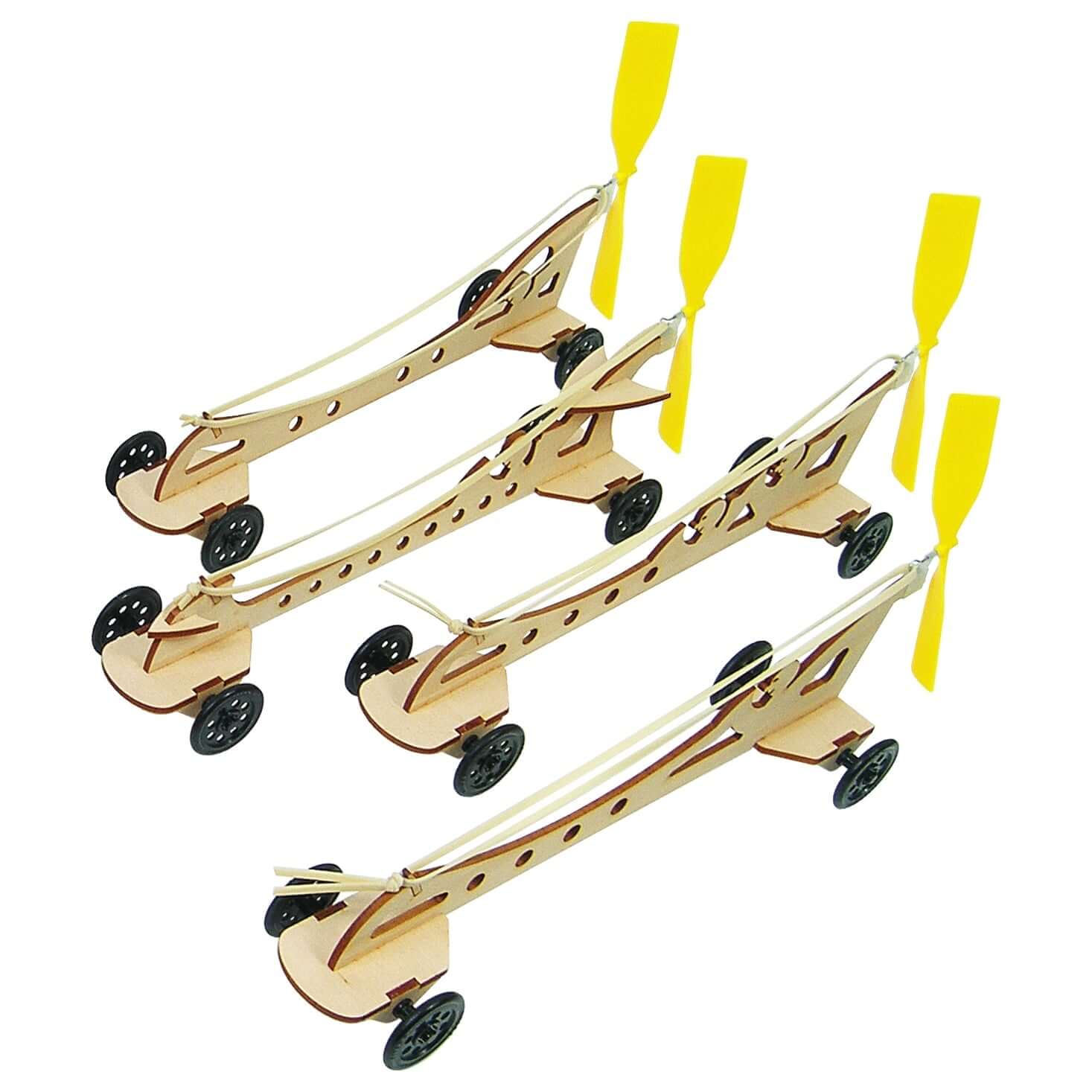 Set of four laser-cut wooden racers with yellow propellers, ideal for teaching torsion and potential energy concepts.