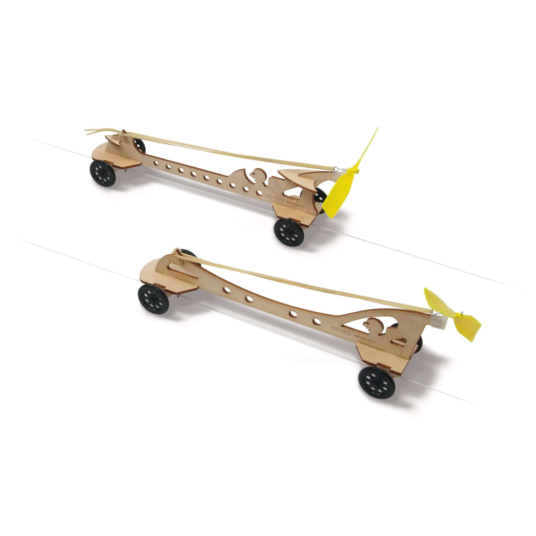 Two laser-cut wooden propeller cars showcasing a twisted rubber band motor for educational fun.
