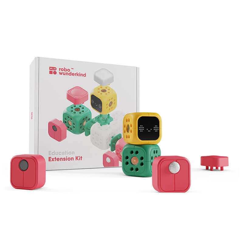 Robo Wunderkind Education Extension Kit with colorful building blocks and sensors for creative robotics learning.