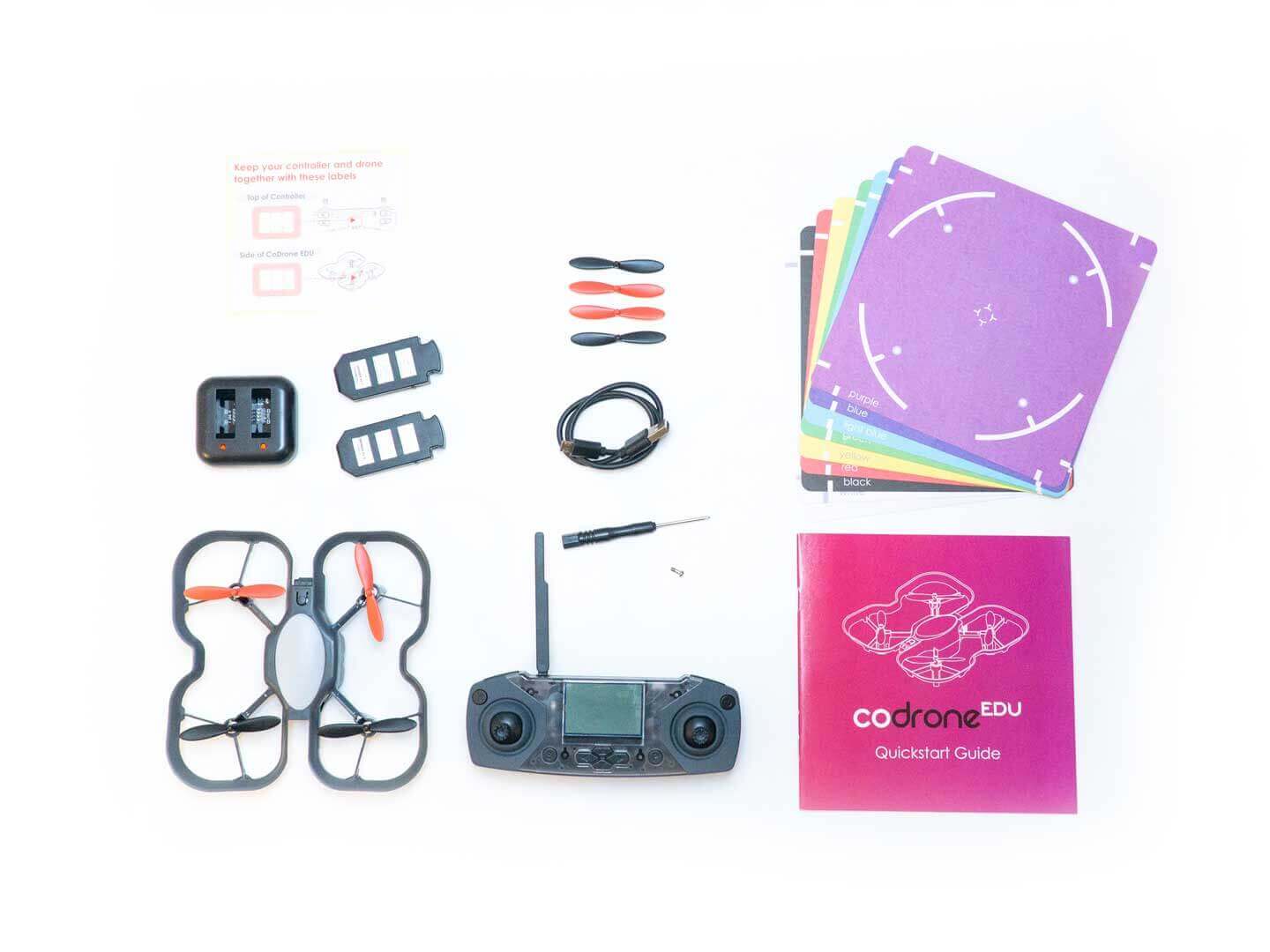 Robolink CoDrone EDU Classroom 12 Pack components including drone, remote, guide, and accessories for programming and coding education.