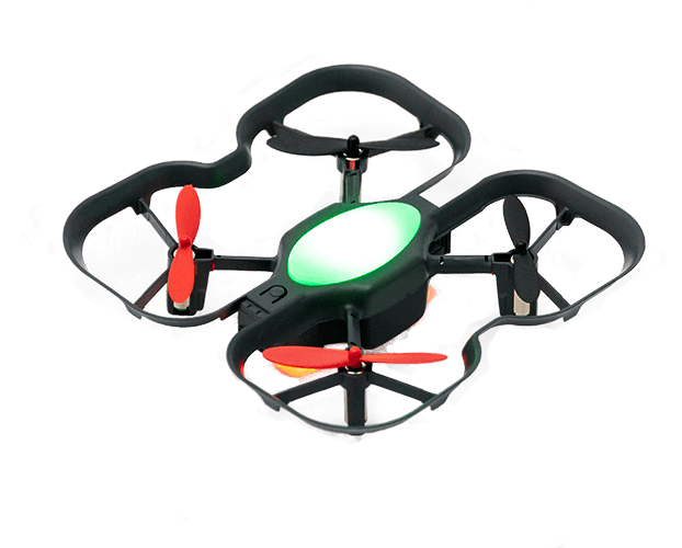 CoDrone EDU programmable drone with sensors for learning coding and engineering, featuring red propellers and colorful lights.