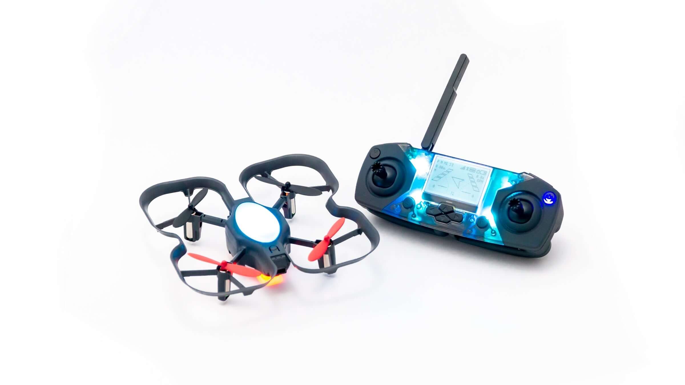 Robolink CoDrone EDU drone and remote controller, a programmable learning tool for coding and engineering.