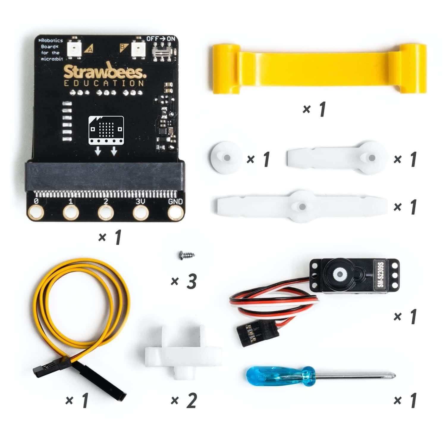 micro:bit robotics kit featuring servo motor, connectors, and components for building programmable robots.