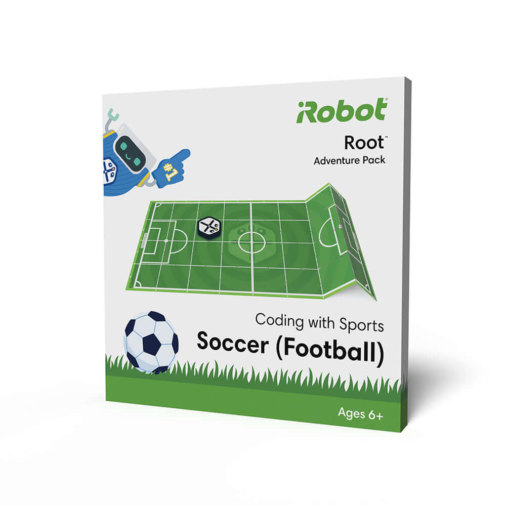 Root Adventure Pack for coding with football features a foldable soccer field mat and Root robot characters.