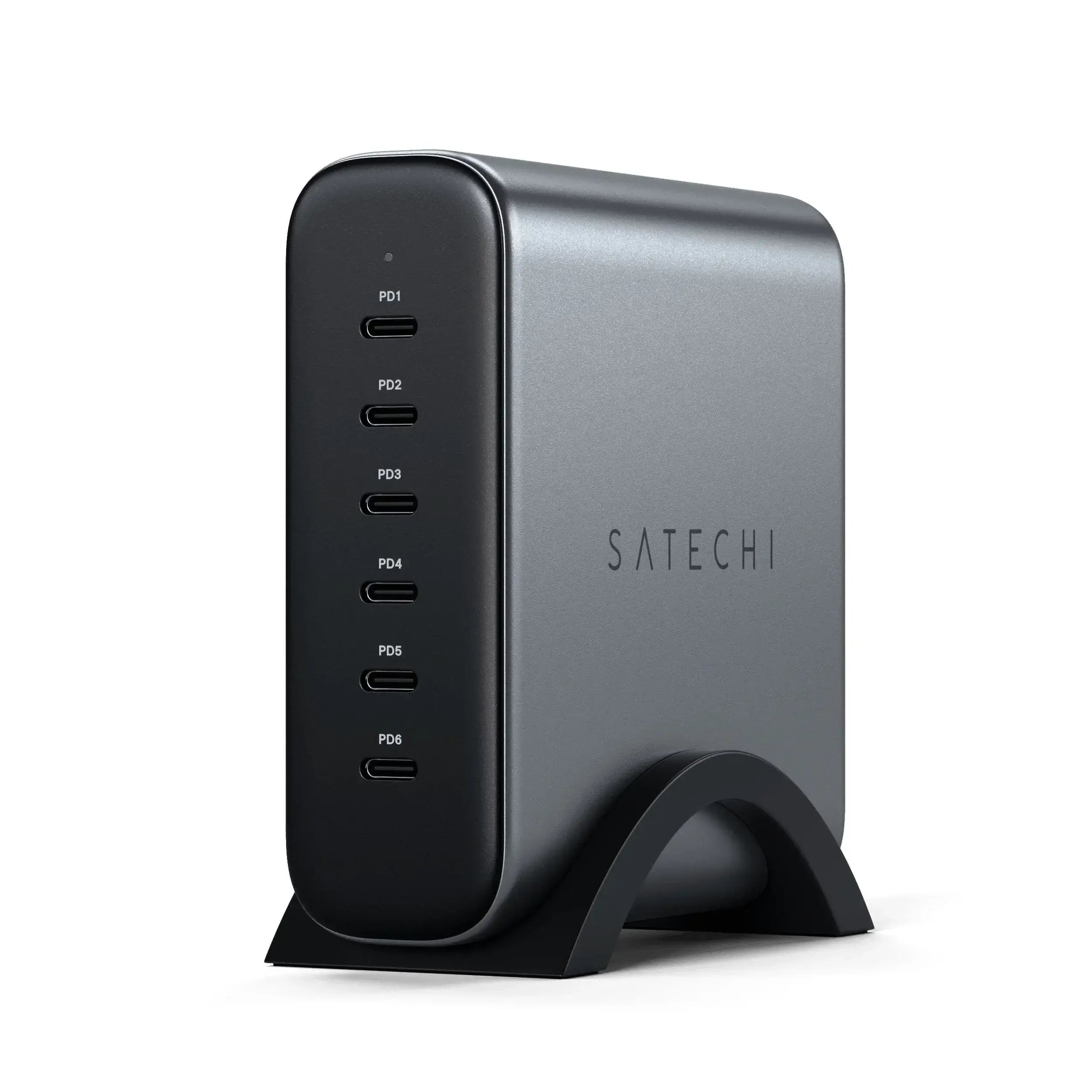 Satechi 200W USB-C 6-Port GaN Charger on stand, showcasing sleek design and multiple ports.