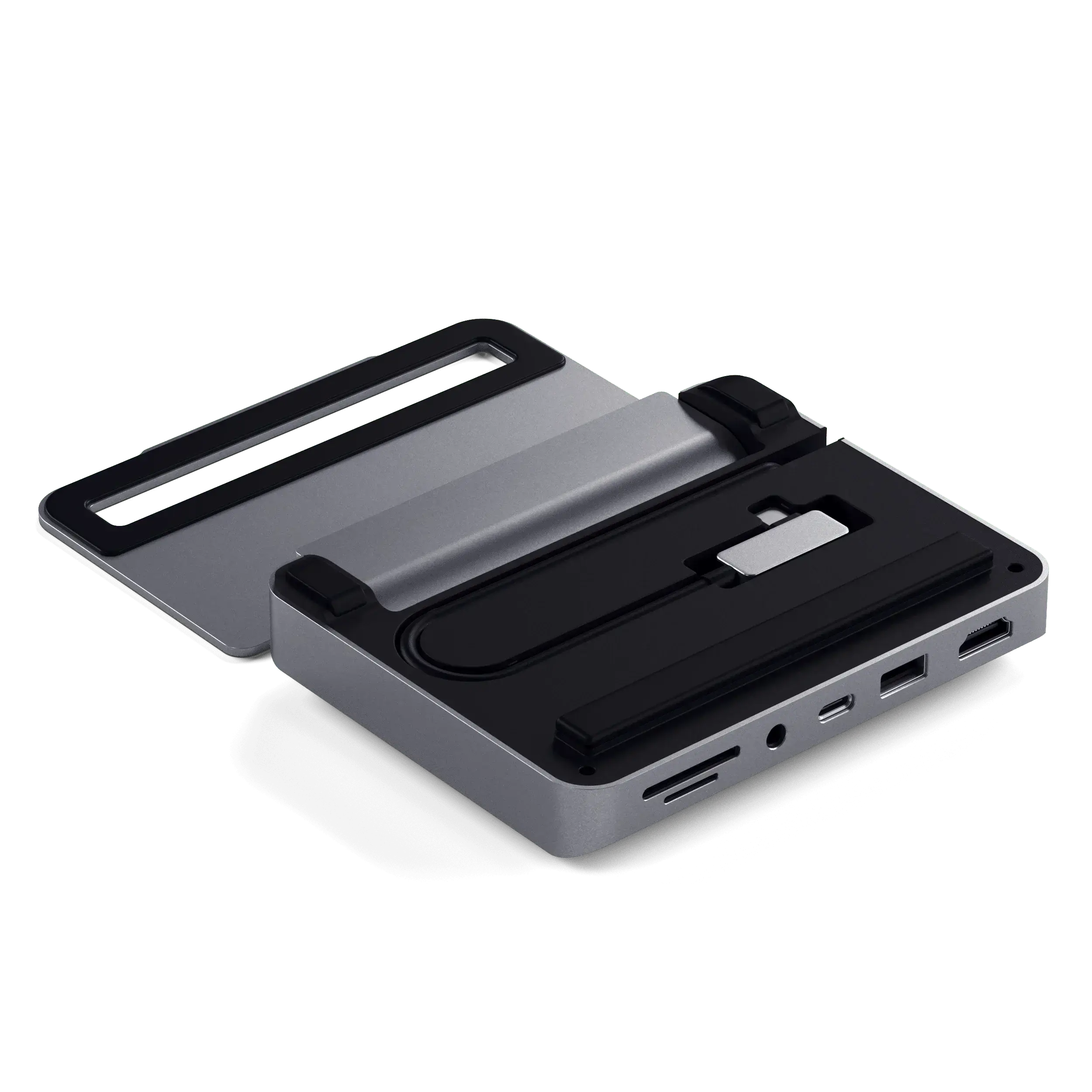 Satechi Aluminium Stand Hub for iPad Pro with ports for HDMI, USB, SD card, and audio jack.