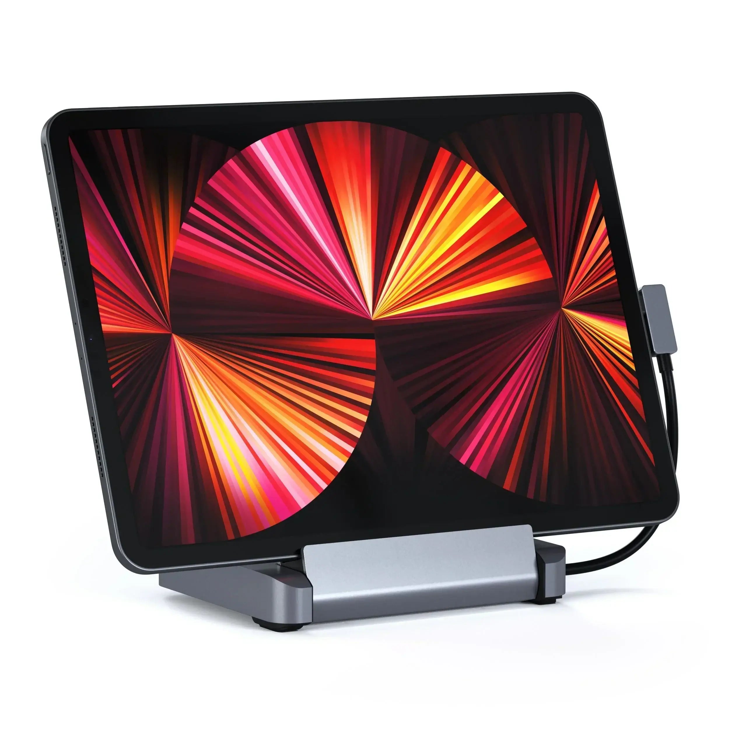 Satechi Aluminium Stand Hub for iPad Pro showcasing vibrant display and versatile connectivity options.