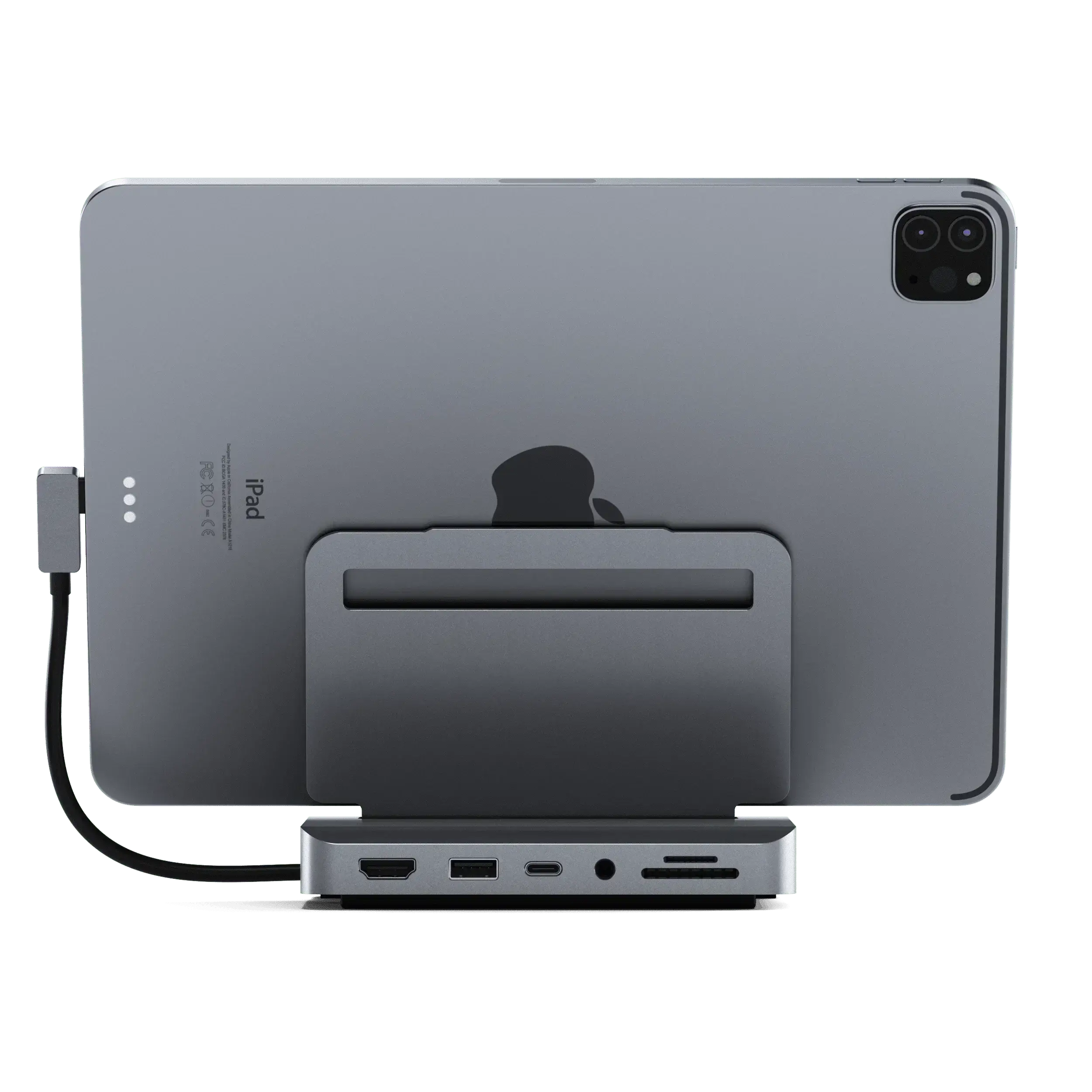 Satechi Aluminium Stand Hub for iPad Pro showcasing USB ports and HDMI connection, elevating the tablet for desktop use.