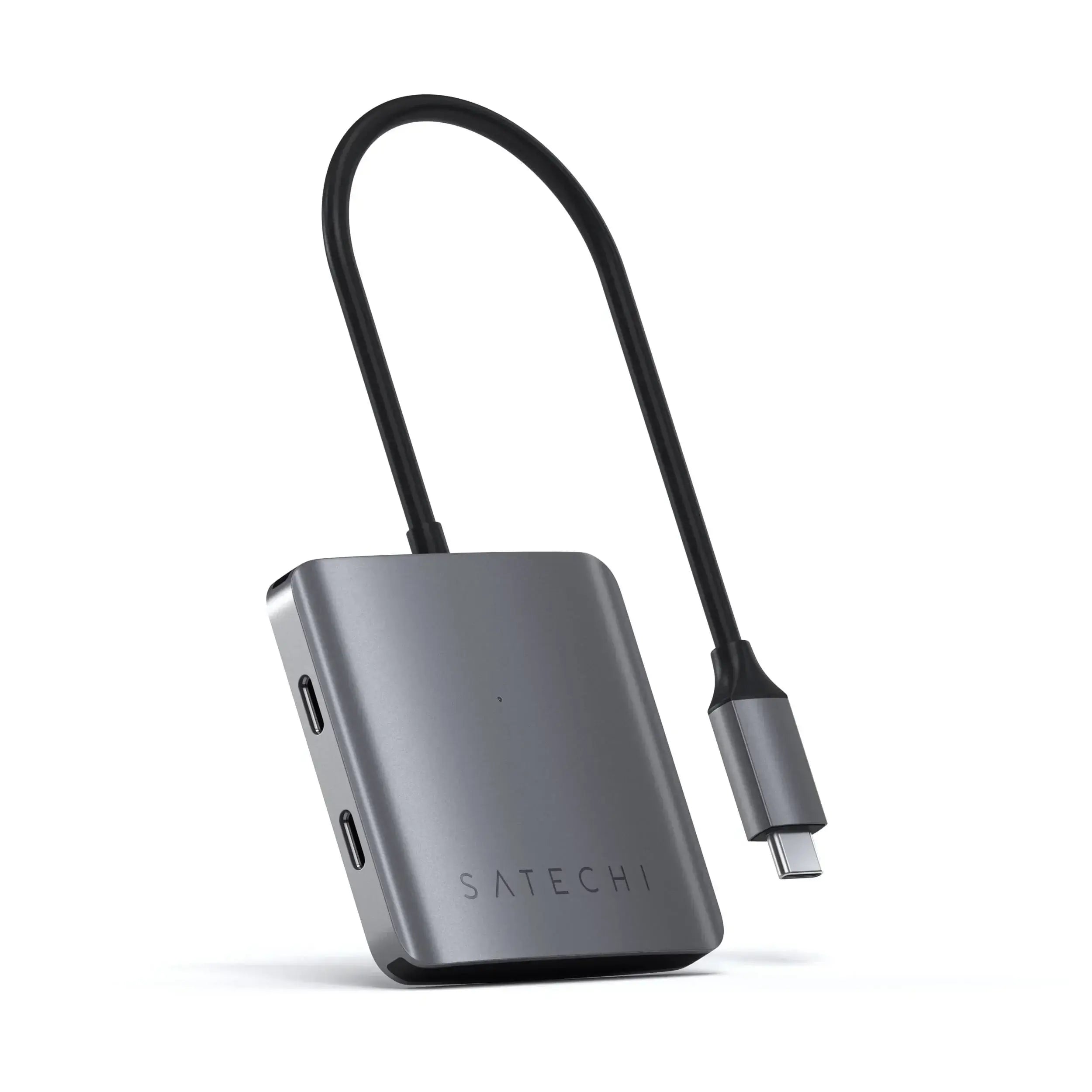 Satechi Aluminum 4-Port USB-C Hub with USB-C cable, ideal for expanding connectivity on MacBook Pro and peripherals.