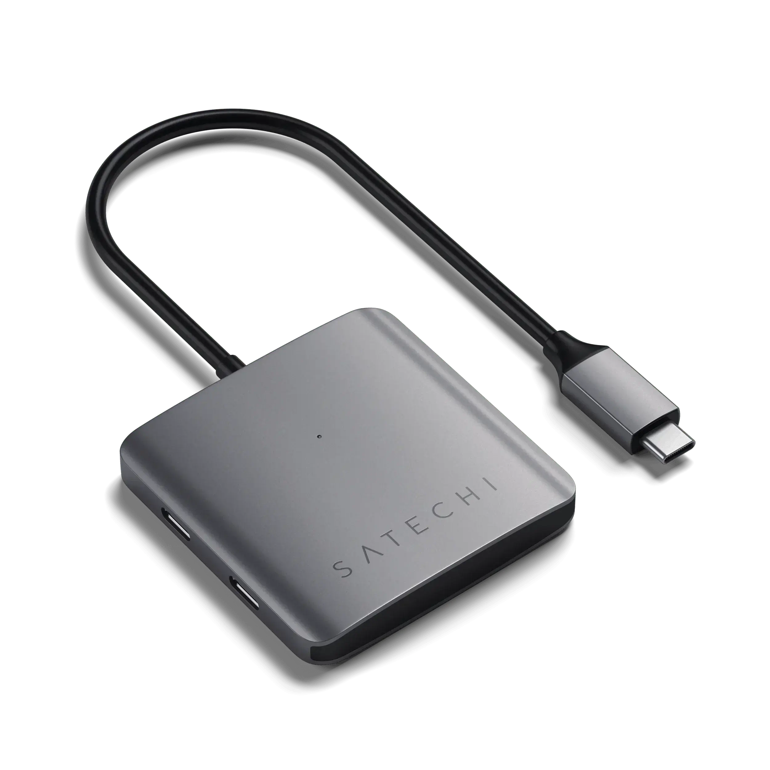 Satechi Aluminum 4-Port USB-C Hub with sleek design and Type-C connection for data transfer.