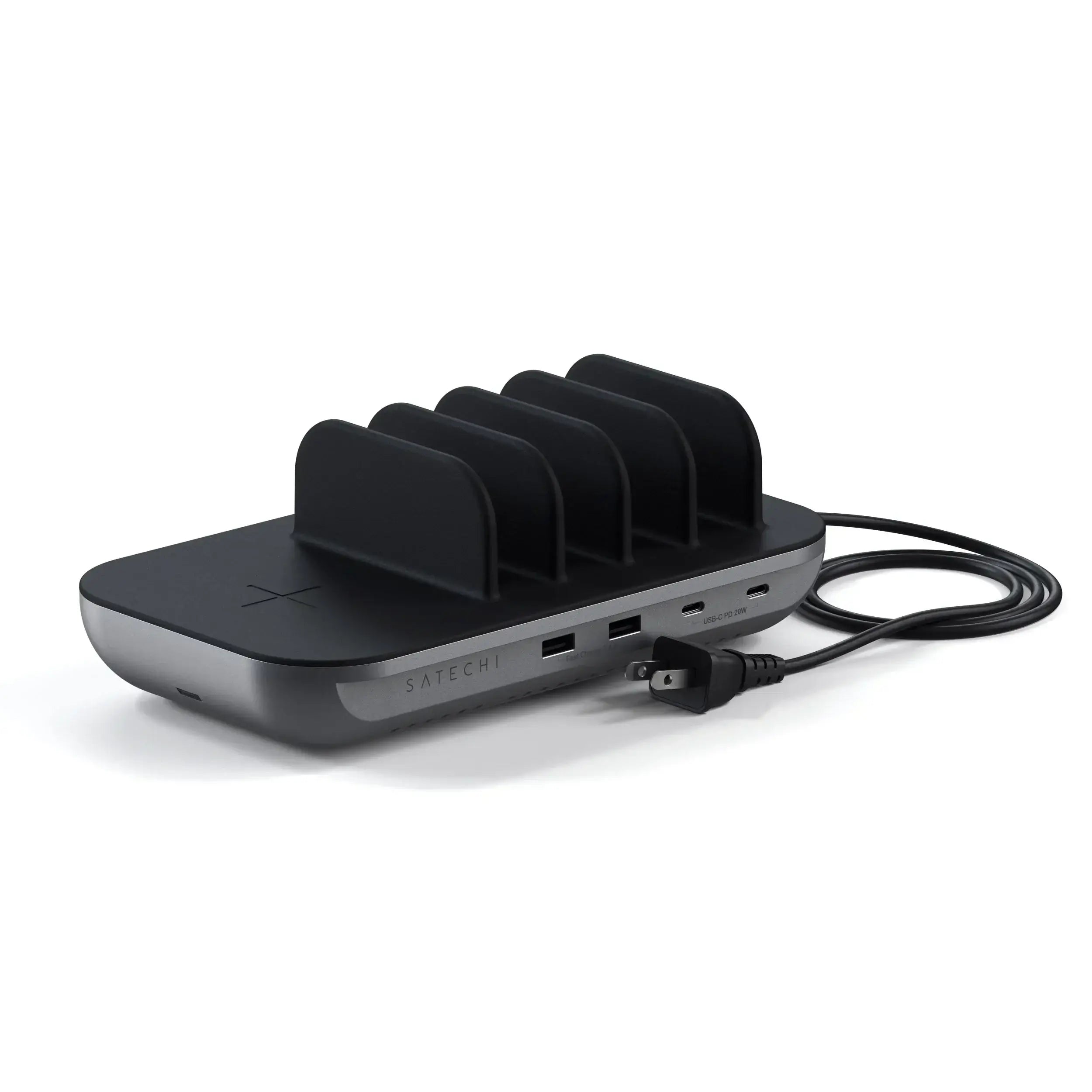 Satechi Dock5 Multi-Device Charging Station with Wireless Charging, sleek design and multiple ports for organization.