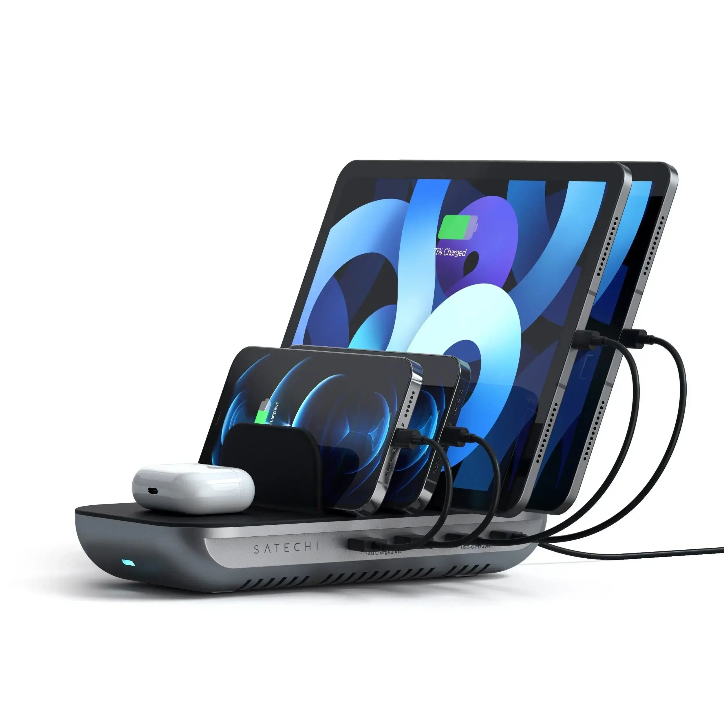 Satechi Dock5 Multi-Device Charging Station with multiple devices charging, featuring wireless charging for convenience.