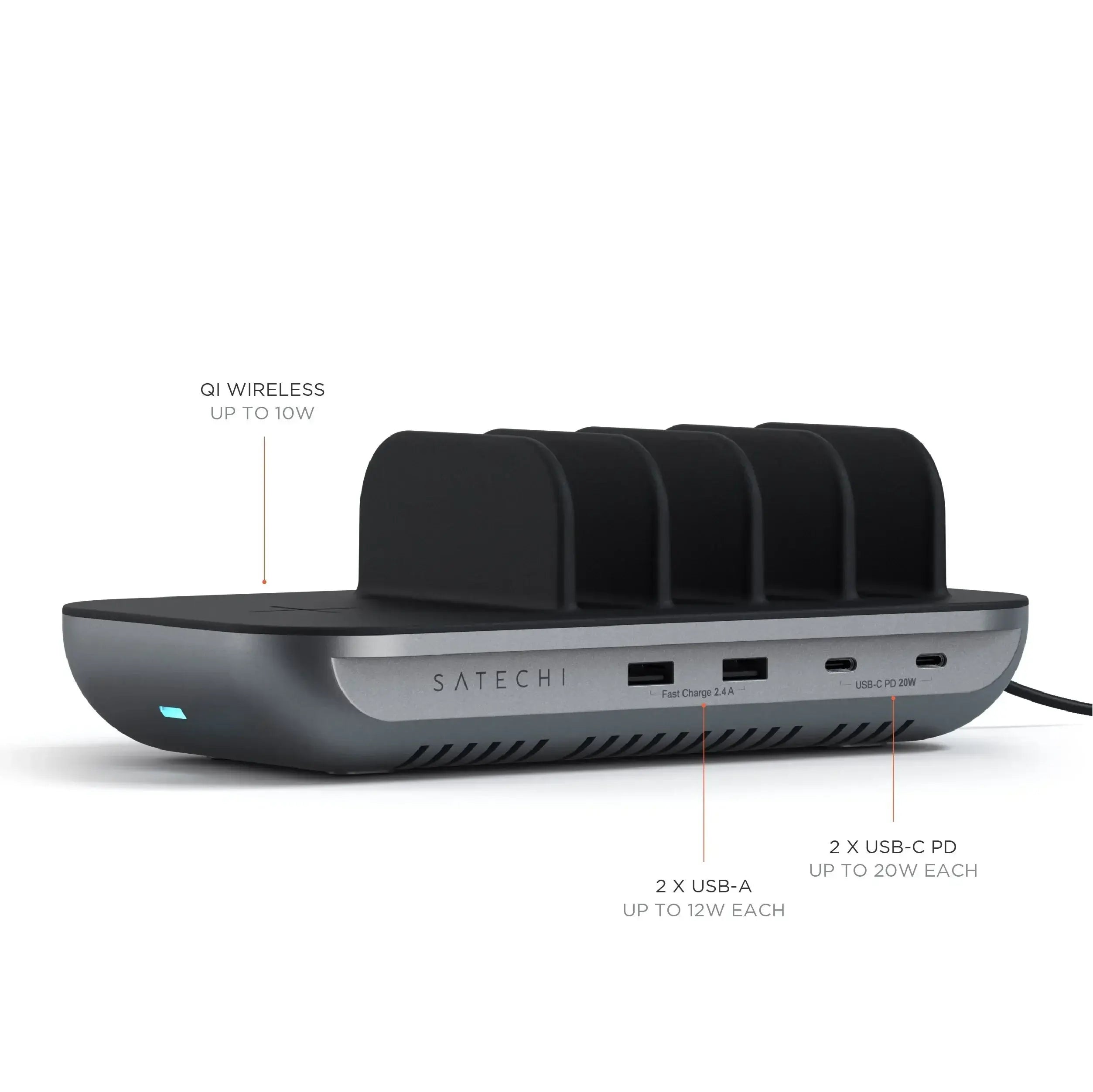 Satechi Dock5 Multi-Device Charging Station with Qi wireless charging and multiple USB ports.
