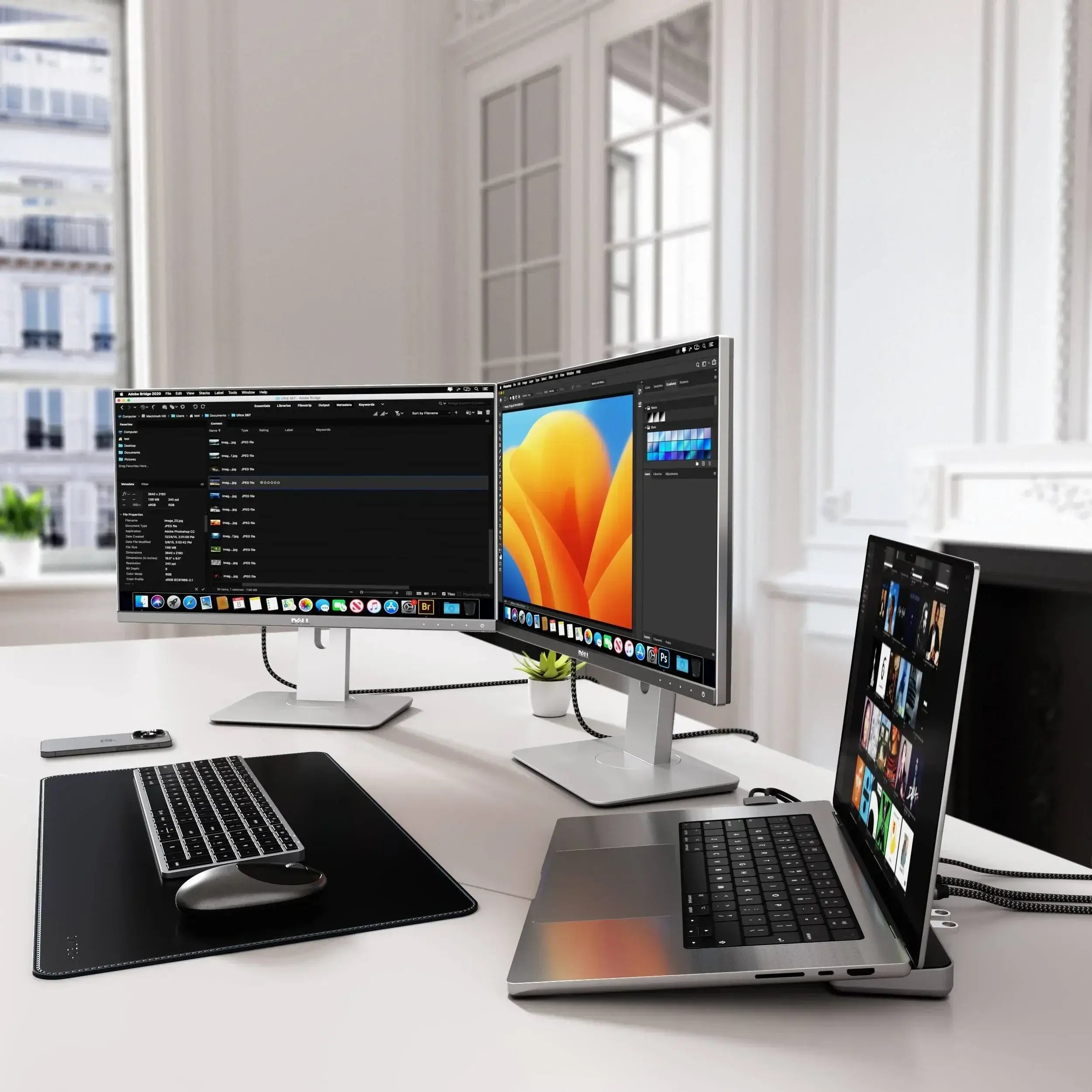 Satechi Dual Dock Stand setup featuring dual monitors and a laptop, enhancing productivity for professionals.